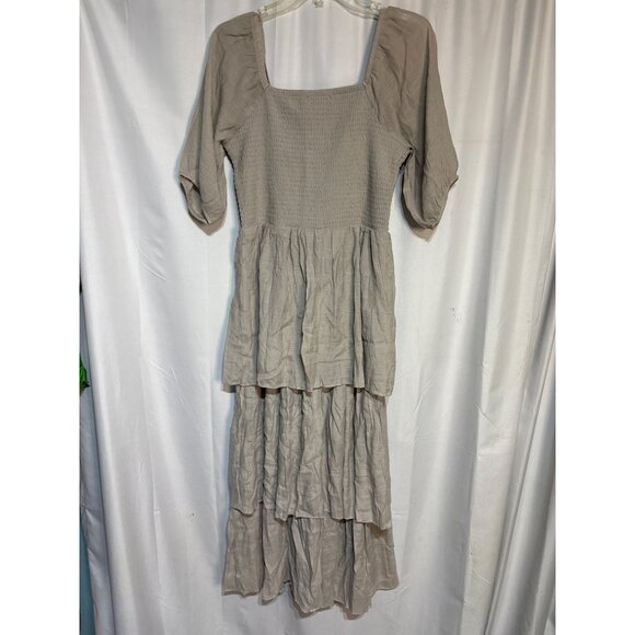Kings Road Womens Beige Tiered Maxi Dress W/Square Neck & Puff Sleeves L - Picture 6 of 7